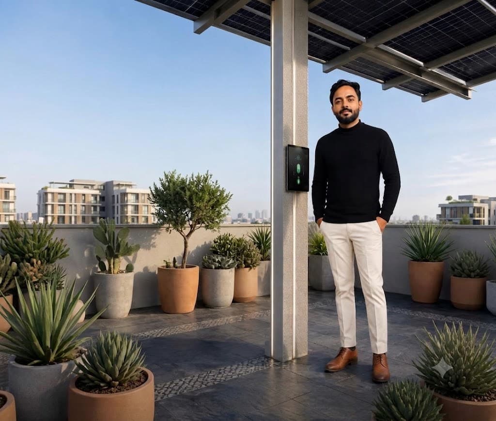Homeowner standing beneath a rooftop solar panel canopy, surrounded by potted plants